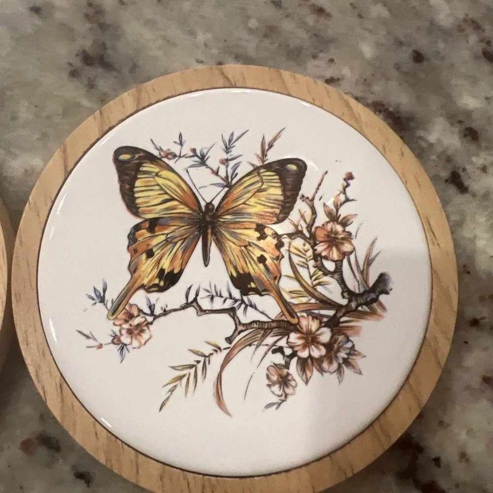 Butterfly Coasters Wood Ceramic Monarch 6‎ Designs Cottage NEW old stock